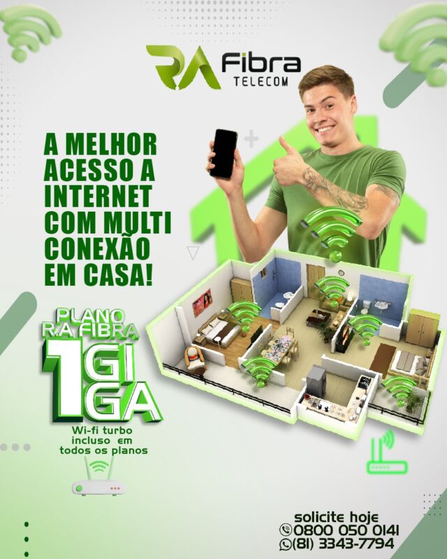 Com a R.A FIBRA, você garante multiconexão de alta qualidade em toda a sua casa, com Ultra velocidade. 

Com Wi-fi Turbo, navegue sem interrupções em todos os cômodos, aproveitando uma conexão estável e ultrarrápida. 

Seja para streaming, games ou videoconferências, a R.A FIBRA oferece performance de ponta para toda a família. 

Com tecnologia avançada, você pode conectar diversos dispositivos ao mesmo tempo, sem perder velocidade ou qualidade. 

Solicite hoje e aproveite!

📍Planos R.A FIBRA - Recife:
⚡ 100 Mega
⚡ 400 Mega
⚡ 600 Mega
⚡ 1 Giga

📍Planos R.A FIBRA - São Paulo:
⚡ 300 Mega
⚡ 600 Mega
⚡ 1 Giga

💡 Pensou em internet de verdade, pensou R.A FIBRA TELECOM!